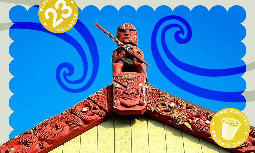 The tekoteko on the wharenui of Pariroa Pā. (Photo: Airana Ngarewa; additional design by Tina Tiller) 
