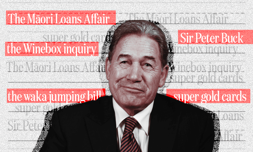 a smirking winston peters surrounded by the words "Māori loans affair" "sir Peter Buck" "Winebox Inquiry" "super gold card"