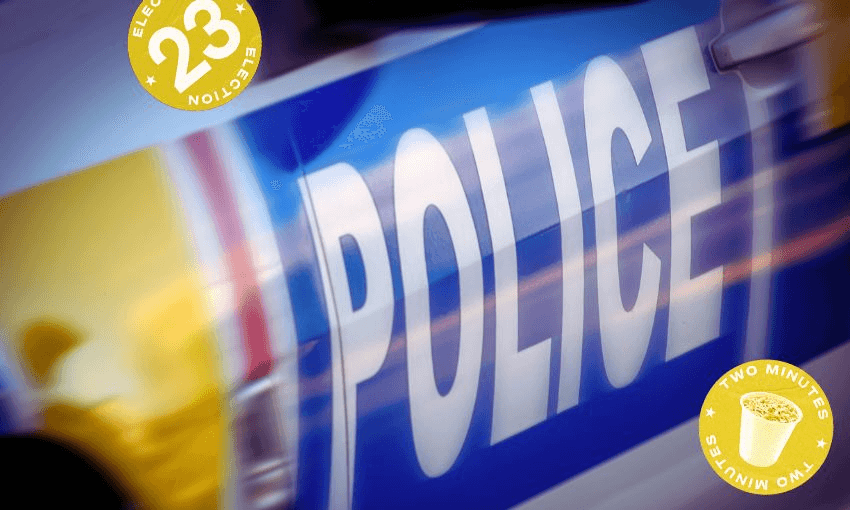 a blurry police car with an election 2023 sticker on it