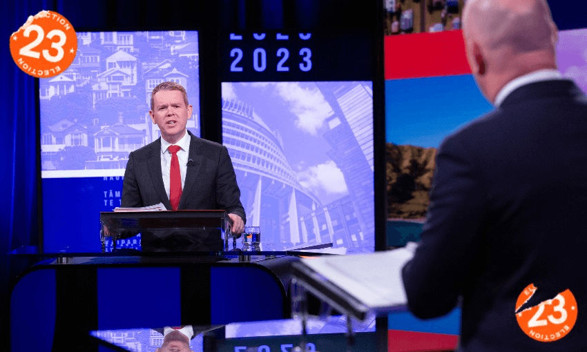 Chris Hipkins and Christopher Luxon at the final leaders’ debate of 2023 (Photo:  Andrew Dalton, TVNZ) 
