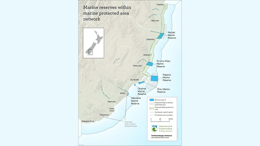 a map showing the otago coast with 6 new marine reserve areas