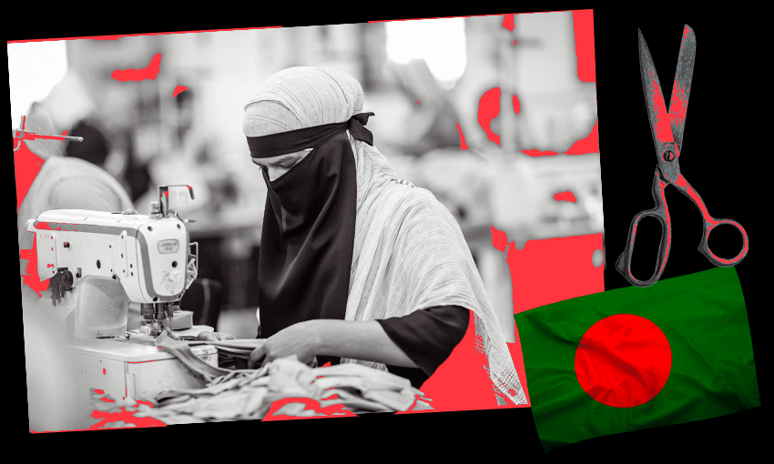a woman wearing a bura working on a sewing machine with a pair of scissors and bangladeshi flag next to her