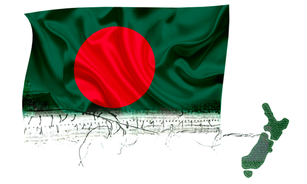 a banladeshi flag unravelling with the threads tied to New Zealand