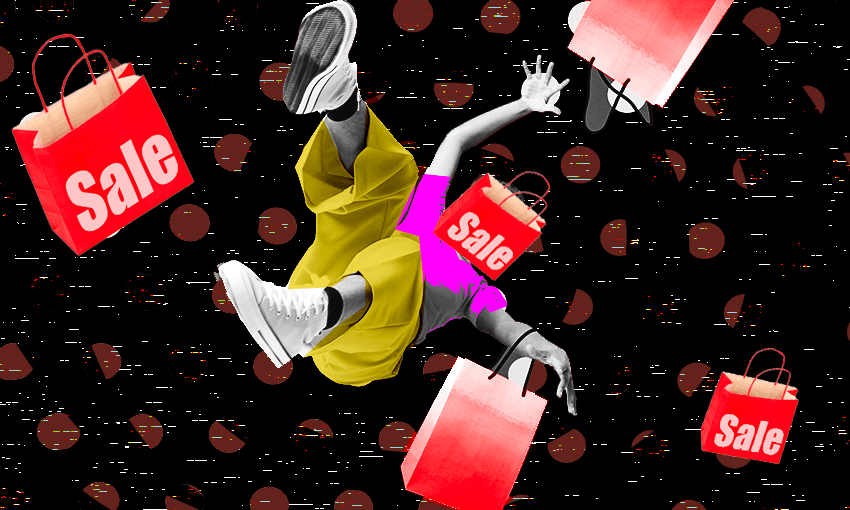 a dark black background with someone falling into the black surrounded by shopping