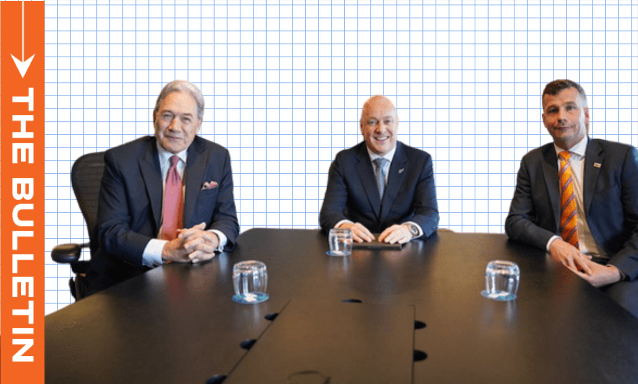 Coalition leaders Winston Peters, Chris Luxon and David Seymour. 
