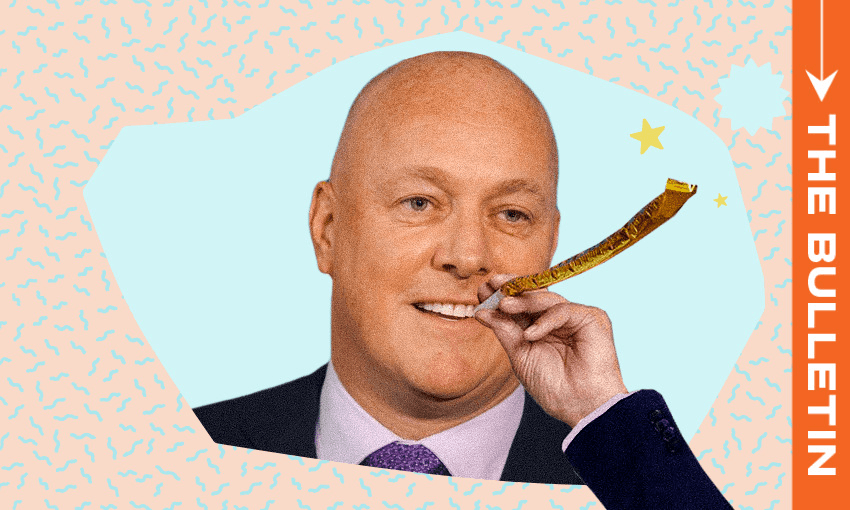 Chris Luxon celebrating (Photo illustration by Tina Tiller) 
