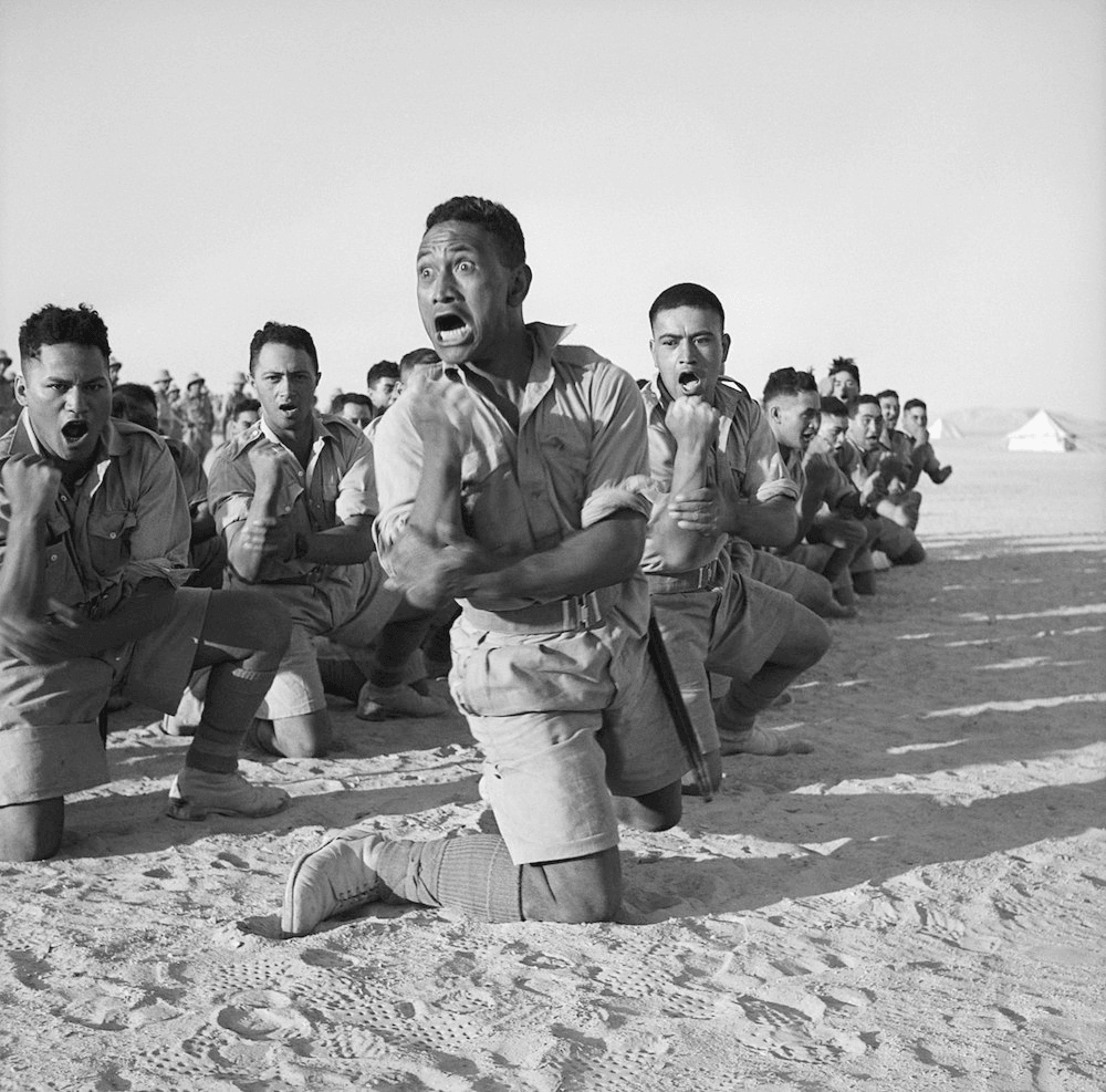 Māori battalion soldiers performing a haka in Egypt.