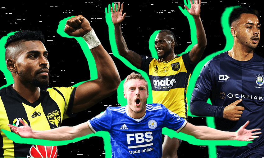 Roy Krishna, Jamie Vardy, Brian Kaltak and Cameron Howieson – future Auckland A-League team players? (Photos: Getty Images / Design: Archi Banal) 
