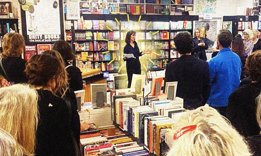 Emily Perkins launching Bird Life by Anna Smaill. (Photo: Unity Books / Design: Archi Banal) 
