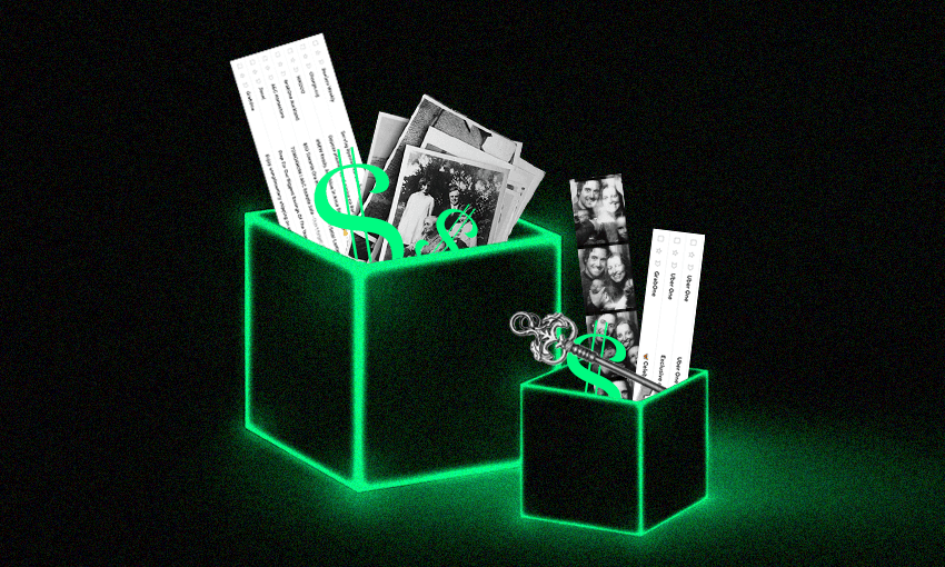 two glowing green boxes with dollar signs and photos