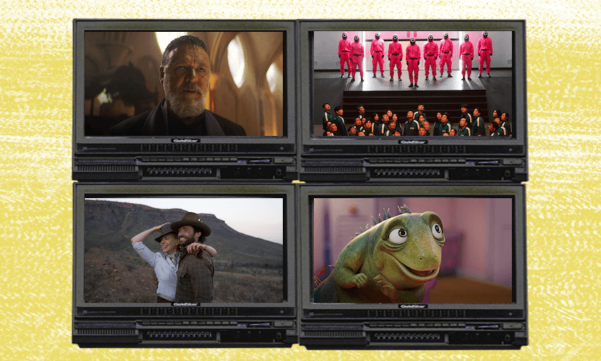 Clockwise: The Pope’s Exorcist, Squid Game, Leo, Faraway Downs. 
