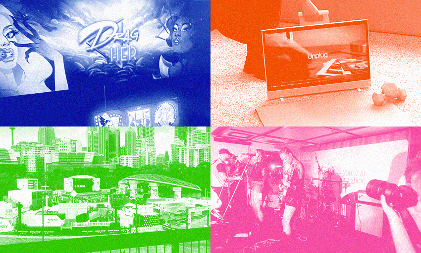 Clockwise: Drag Her, the HP Envy Move, We Don’t Ride Llamas, the concert spaces at SXSW. (Photos: Sam Brooks, Image Design: Archi Banal)