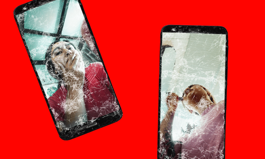 two shattered phone screens on a scary read backround of people looking distracted, both brown women