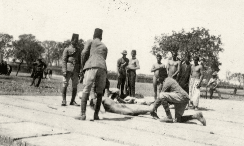 Two members of the Canterbury Mounted Rifles – their exact identities haven’t been established – are flogging Egyptians charged with rioting