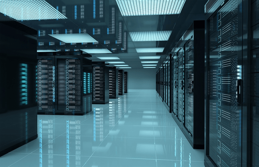 a cool blue toned room with dark glowing servers in it