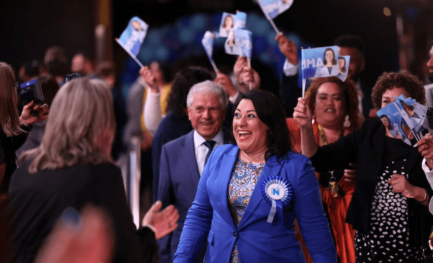 Rima Nakhle arrives at National HQ on election night 