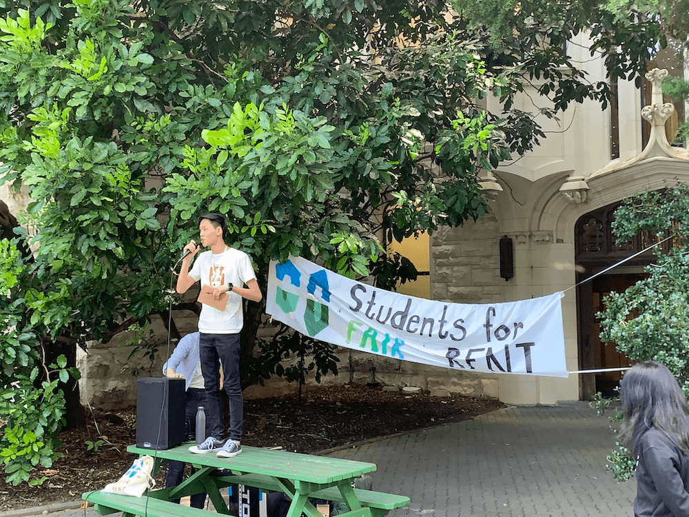 Matthew Lee of Students for Fair Rent at their October rally outside the vice-chancellor's office.