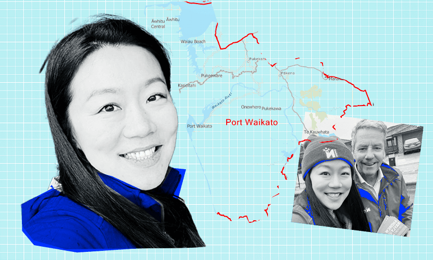 National’s Nancy Lu, inset campaigning with Andrew Bayly in Port Waikato (Photos: Instagram, design Tina Tiller) 
