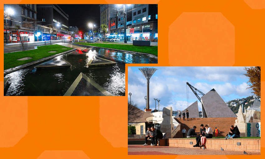 Te Aro Park by night (top left) and Civic Square by day (bottom right) Photos: Getty Images) 
