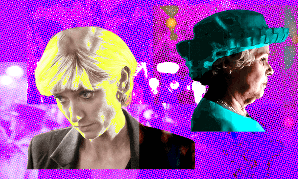 Elizabeth Debicki as Princess Diana and Imelda Staunton as Queen Eizabeth II in season six of The Crown. (Photos: Netflix, Image Design: Tina Tiller) 
