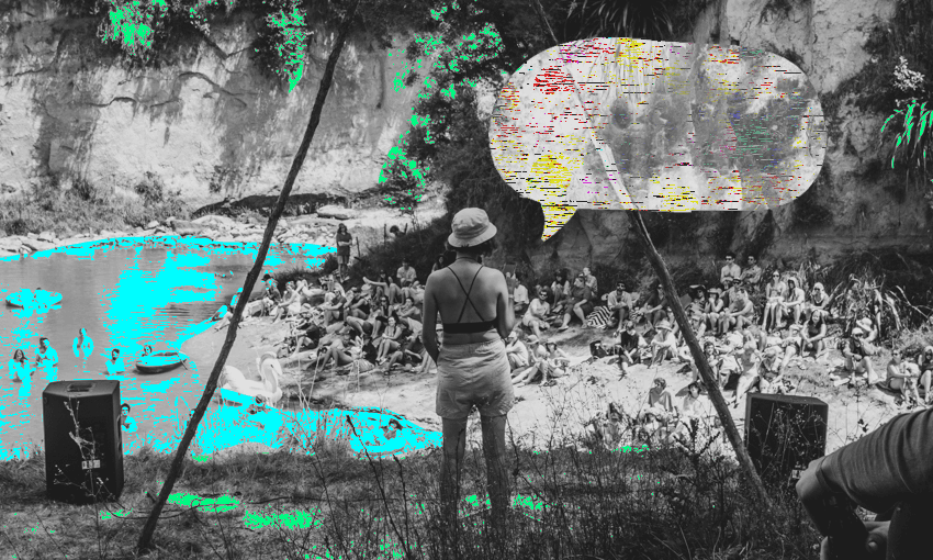 A poet performs from the poetry stage at Welcome to Nowhere. (Image: Tina Tiller / Photo: Supplied) 
