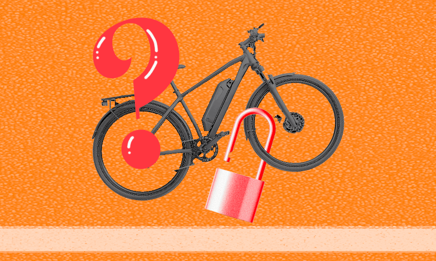 an orange background with an ebike with a question mark and an undone lock
