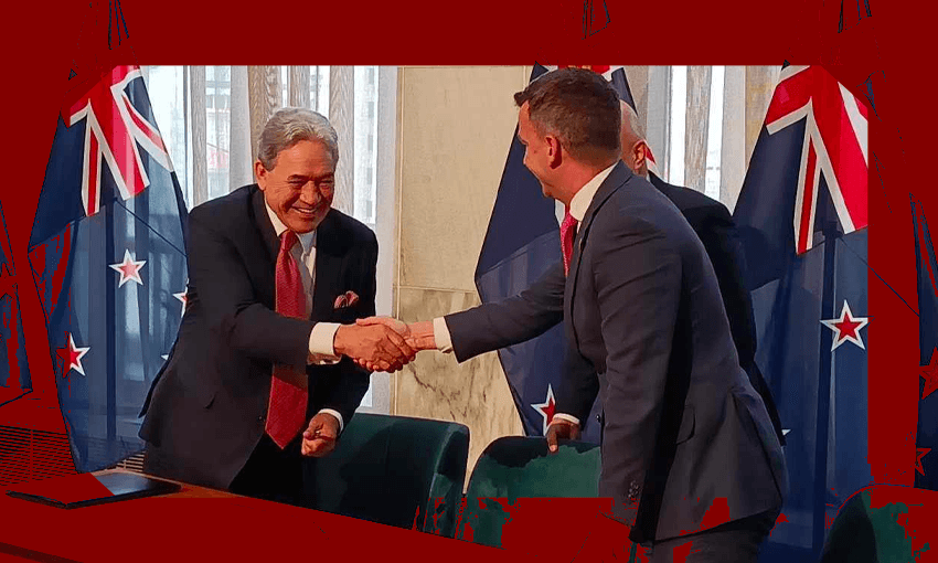 Winston Peters and David Seymour shake hands after announcing the coalition deals 
