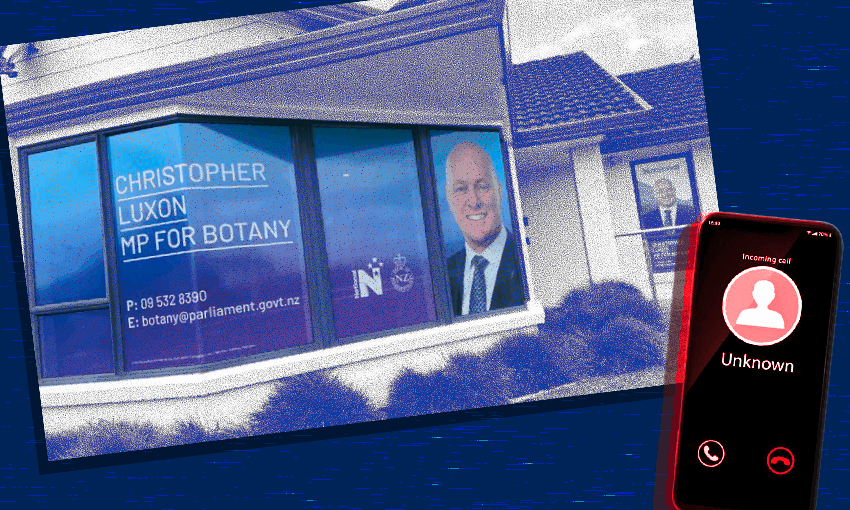 Christopher Luxon’s electorate office in Botany has been fielding calls for a ceasefire in Gaza (Photo: Stewart Sowman-Lund, design: Tina Tiller) 
