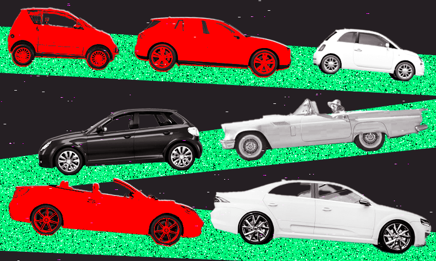 lots of zany looking cars on a red and green background