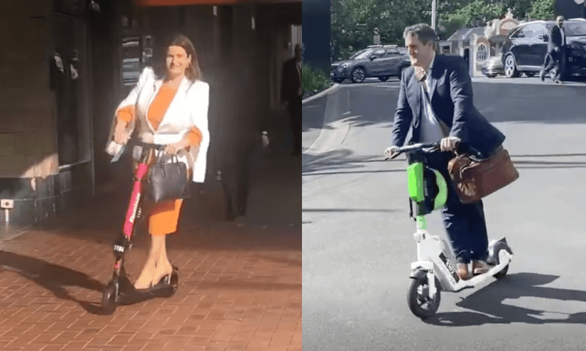 Two senior politicians riding scooters  
