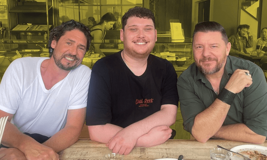 MKR NZ’s Colin (left) and Manu (right) with The Real Pod producer Samuel 
