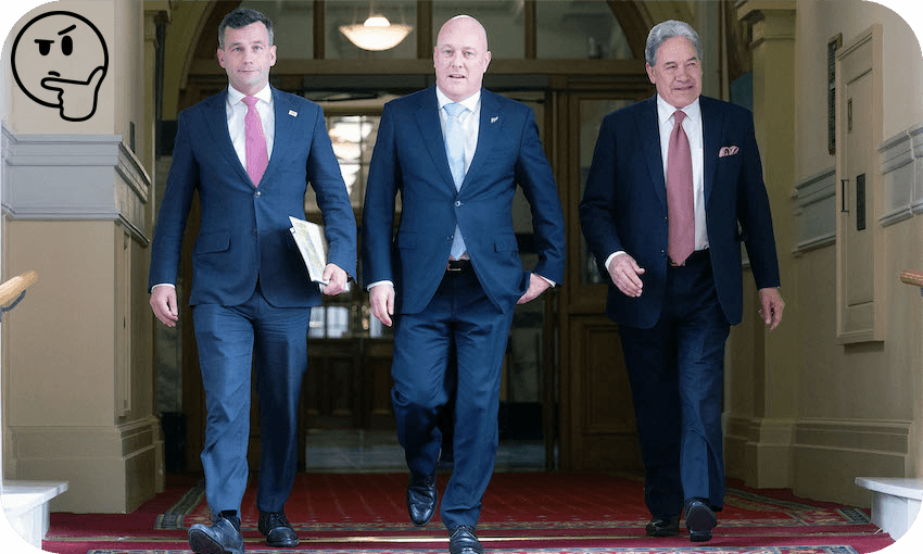 David Seymour, Christopher Luxon and Winston Peters arrive for the signing of the coalition agreement (Photo: Marty Melville/AFP via Getty Images) 
