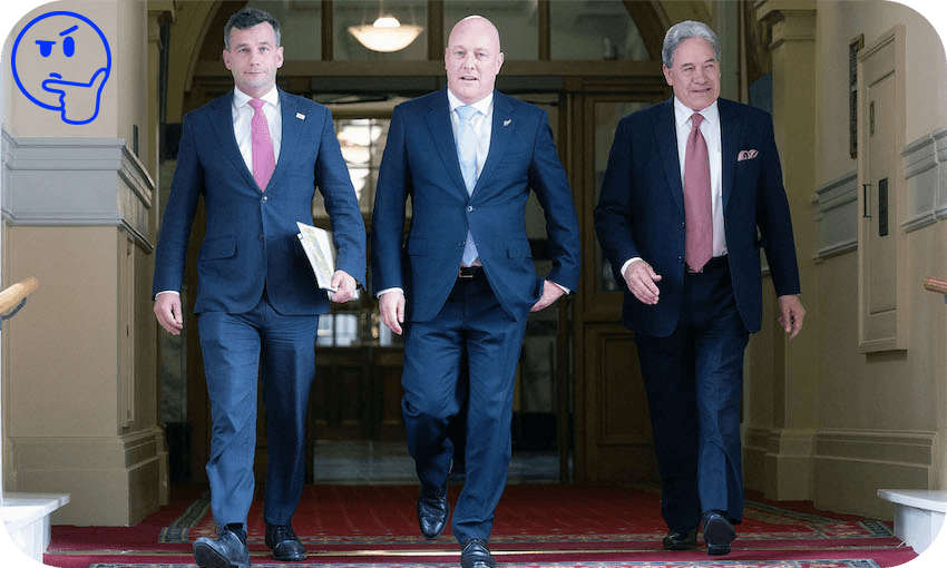David Seymour, Christopher Luxon and Winston Peters arrive for the signing of the coalition agreement (Photo: Marty Melville/AFP via Getty Images)