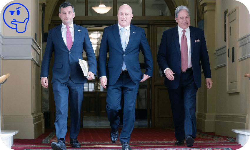 David Seymour, Christopher Luxon and Winston Peters arrive for the signing of the coalition agreement (Photo: Marty Melville/AFP via Getty Images) 
