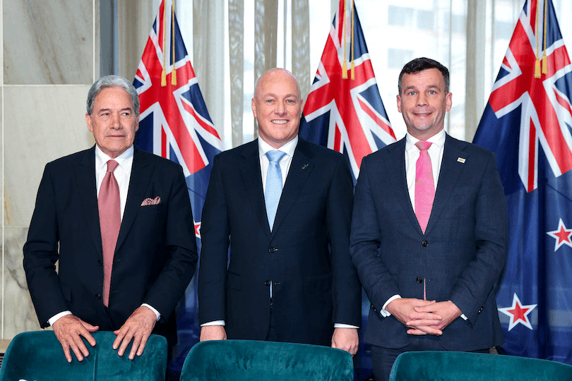 Winston Peters, Christopher Luxon and David Seymour at Friday’s coalition announcement (Photo: Marty Melville/AFP via Getty Images) 
