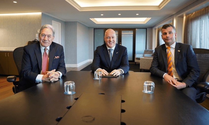 Winston Peters, Christopher Luxon and David Seymour meet at an Auckland hotel to discuss forming a government and grab a pic for the socials.  
