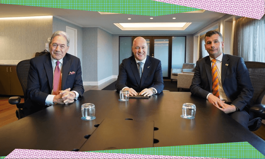 Winston Peters, Christopher Luxon and David Seymour meet at an Auckland hotel to discuss forming a government and grab a pic for the socials.  
