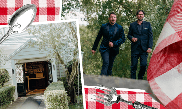Left: Bracu Estate, right: My Kitchen Rules hosts and judges Colin Fassnidge and Manu Feildel. (Photos: TVNZ, Design: Tina Tiller) 
