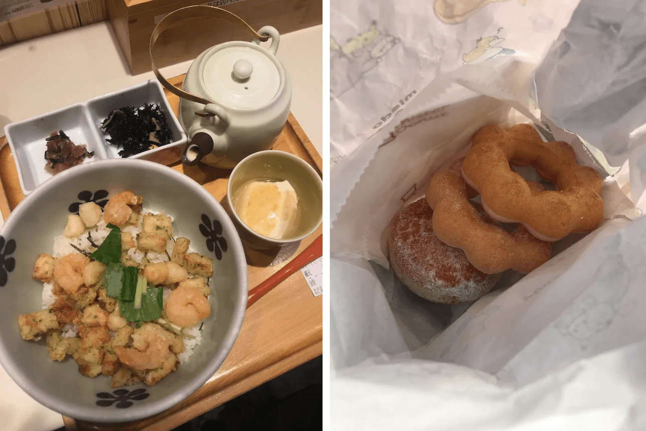 Dashi chazuke and Mister Donut doughnuts.
