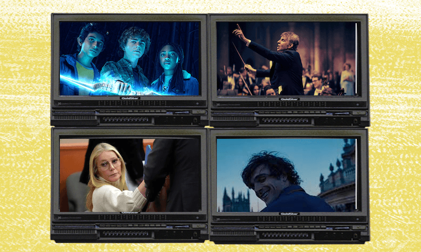 Clockwise: Percy Jackson and the Olympians, Maestro, Saltburn, Gwyneth vs. Terry. 
