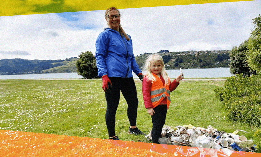 Antonia Wood, her four year old daughter Sophie, one bottle of fart spray and a whole lot of rubbish (Photo: Tara Ward / Design: Archi Banal) 
