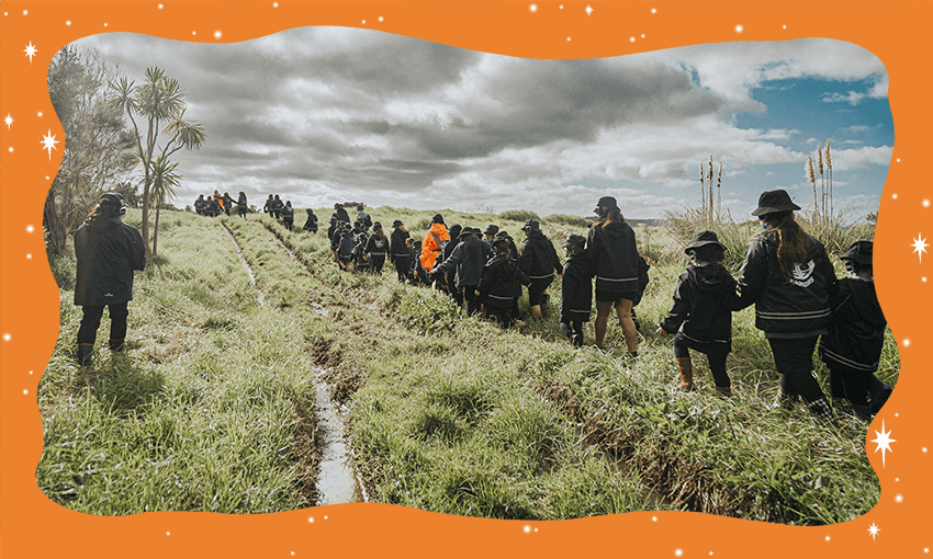 School kids participate in a Waitakere hīkoi.