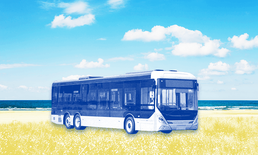 a beach on a sunny day looking idyllic with a bus parked on it (also idyllic)