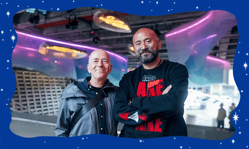 On the left: Auckland Council Waimahara project manager David Thomas. On the right: Waimahara lead artist Graham Tipene. Design: Archi Banal. Photo: Auckland Council. 
