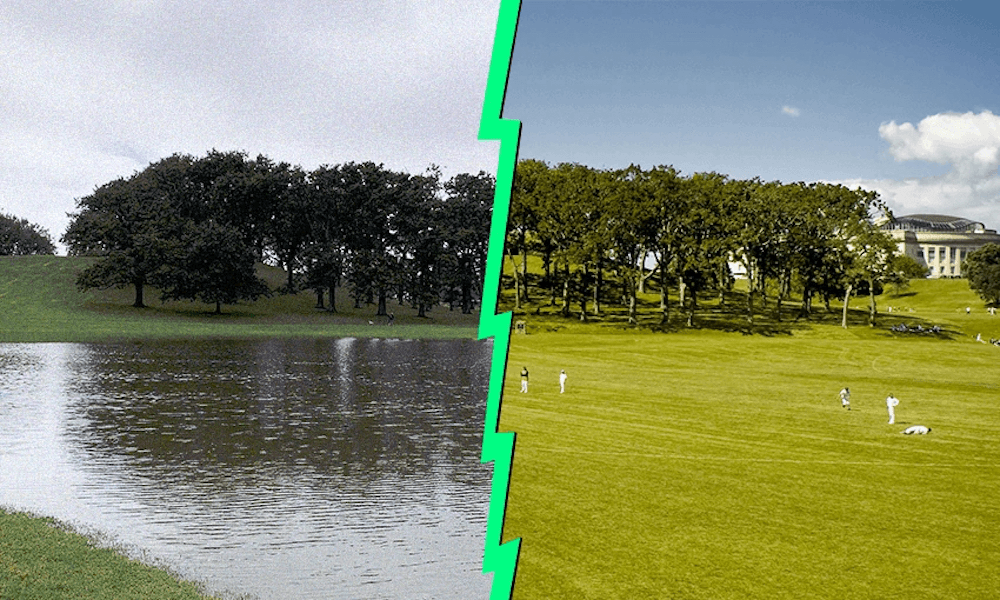 A photo showing Pukekawa (Auckland Domain) in its ordinary dry, sportsfield state – juxtaposed with it returning to its historic form as a wetland because of the Auckland anniversary weekend flooding.