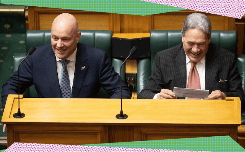PM Christopher Luxon and deputy Winston Peters in parliament (Photo by Marty MELVILLE / AFP) (Photo by MARTY MELVILLE/AFP via Getty Images) 
