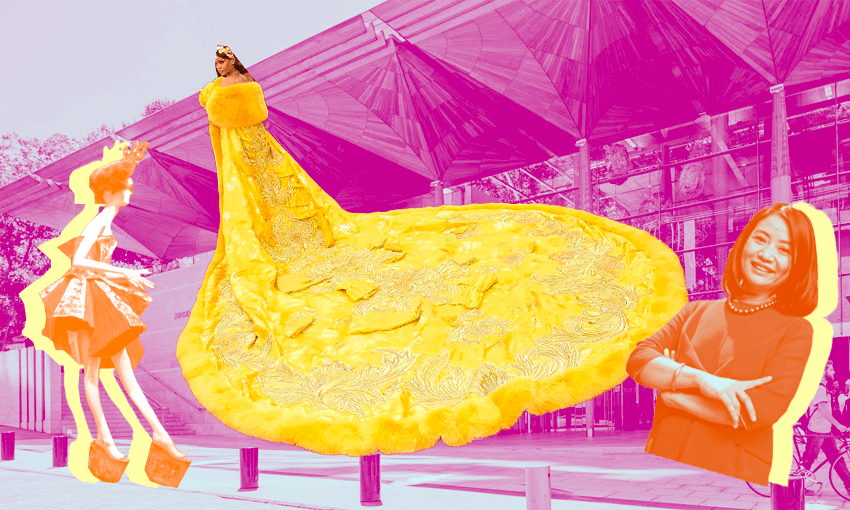From left to right: One of Guo Pei’s garments, on display at Auckland Art Gallery, Rihanna’s gown at the 2015 Met Gala, also on display at Auckland Art Gallery and Guo Pei herself. (Image DesignL Tina Tiller) 
