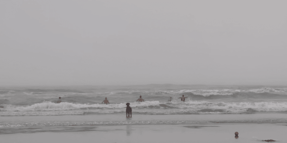 grey sky and tumbling waves with swimmers in the water. It looks cold!