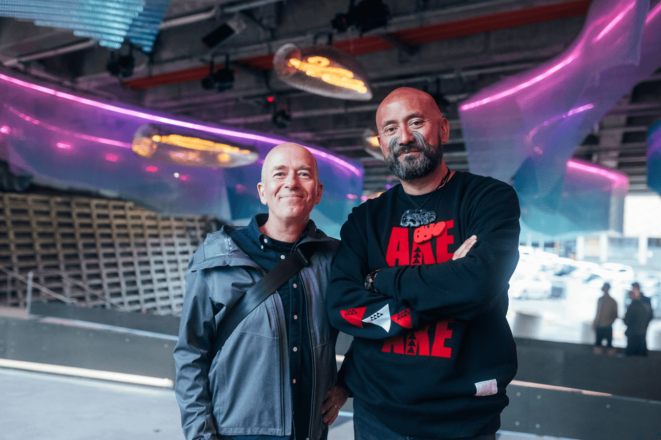 Waimahara project manager David Thomas and lead artist (plus Ngāti Whātua o Ōrākei mātanga toi) Graham Tipene stand in front of their new art installation at Auckland's Myers park.