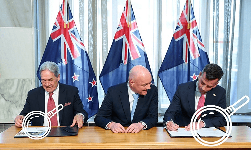 Winston Peters, Christopher Luxon and David Seymour tie the governmental knot. Photo: Hagen Hopkins/Getty
